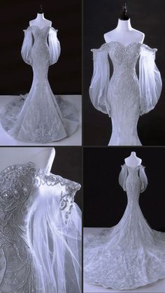 four different views of the back of a wedding dress with veils on top and bottom