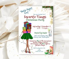 a flyer for a christmas party with presents stacked on top of each other, surrounded by paper flowers