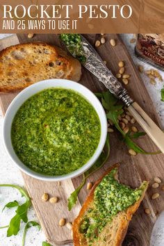 Rocket pesto in a bowl surrounded by slices of toasted ciabatta. Chicken And Roasted Vegetables, Rocket Pesto, Healthy Dip Recipes, Mushroom Appetizers, Rocket Salad, Arugula Pesto, Hot Appetizers