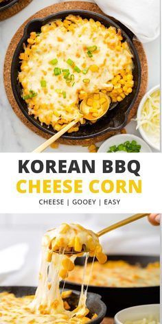 korean bbq cheese corn is being served in a skillet