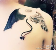 an artistic photo of a woman's back with wings on her shoulder and the image of a bird in flight