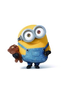 a minion holding a teddy bear in his right hand and looking at the camera