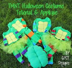 four turtle costumes sitting in the grass with text overlay that reads, tmnt halloween costume tutor & applique