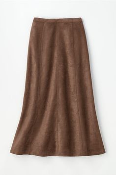 A boot skirt to fall in love with, supple and soft in faux suede – with a touch of stretch and an easy pull-on waist. Flat front and back elastic, with hidden side zip and seaming details on front and back. | Women's Faux Suede Skirt - Cognac - Large Gored Skirt, Skirt Outfits Fall, Reversible Skirt, Faux Suede Skirt, Knit Maxi Skirt, Skirts With Boots, Knit Denim, Suede Skirt, Bake Sale