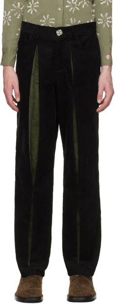 Solitude Studios: SSENSE 대한민국 Exclusive Black & Green Reveal Trousers | SSENSE Diy Baubles, Tweed Men, Tweed Pants, Tweed Trousers, Green Tweed, Grey Trousers, Black Olive, Box Pleats, Mens Green