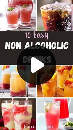 different types of non alcoholic drinks are shown in this collage