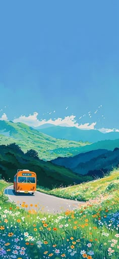 an orange bus driving down a road in the middle of a green field with wildflowers