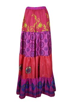 Elevate your wardrobe with the vibrant allure of this flared maxi skirt, expertly crafted from upcycled saree fabric. Featuring rich Hot pink and Blue floral patterns alongside bold, eye-catching prints, each silk blends skirt is a one-of-a-kind masterpiece. The adjustable drawstring waist and flowing ankle-length silhouette offer a flattering, comfortable fit, blending boho-chic style with everyday practicality. Whether you're exploring a farmer's market or dancing at a beach festival, this han Multicolor Long Beach Skirt, Vibrant Multicolor Long Skirt, Hippie Multicolor Patchwork Maxi Skirt, Multicolor Floral Patchwork Maxi Skirt, Flare Maxi Skirt, Non-stretch Multicolor Bohemian Maxi Skirt, Beach Festival, Hot Pink Floral, Boho Pants