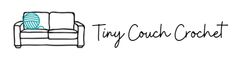 the tiny couch crochet logo is shown in black and white with blue accents