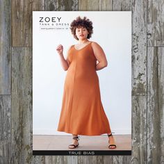 a woman in an orange dress is featured on the cover of zoey tank dress sewing pattern