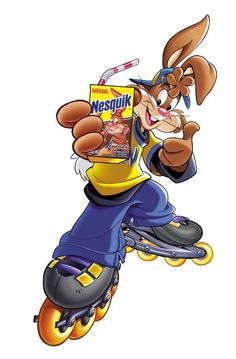 an image of a cartoon character on roller skates holding up a wrapper with the word