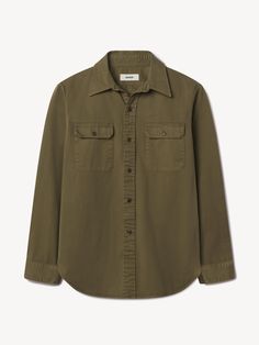 Field Olive Tough Twill Work Shirt - Classic midcentury workshirt in a sturdy cotton twill. Fall Tee Shirts, Spring Outerwear, Buck Mason, Usa Tee, Henley Sweater, Polo Long Sleeve, Suit Shirts, Japanese Denim, Raw Denim