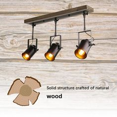 three spotlights are hanging from the ceiling in front of wood planks and with text that reads, solid structure crafted of natural wood