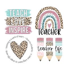 the teacher love inspire stickers are shown in pink, blue and green with leopard print