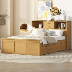 a bedroom with a bed, bookcase and dresser in the corner on the floor