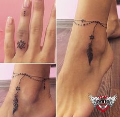 three different pictures of a woman's foot with tattoos on it and an arrow in the middle