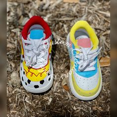 Jessie and Bo Peep Toy Story Themed AF1 Shoes > from toddler to big kid sizes > created on authentic Nike Air Force 1's > hand painted > turn around time 4 weeks >difference between 4 baby and 4 toddler (baby size is with the crib sole vs toddler has the regular sole) > name under the shoe comes at an additional cost ( please keep in mind that anything under the shoe will eventually scuff or come off as the child walks or runs around. Looks cute for pictures, but not guaranteed to last very long Toy Story Shoes Diy, Fun Multicolor Hand Painted Sneakers, Hand Painted Multicolor Fun Sneakers, Fun White Sneakers For Playtime, Multicolor Sneakers With Soft Sole For Playtime, Playful Yellow Sneakers For Playtime, Cute Multicolor Sneakers For Playtime, Fun Custom Sneakers With Rubber Sole, Toy Story Shoes