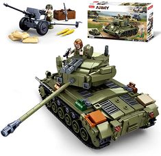 a lego army tank with two soldiers on it and an action figure in the background