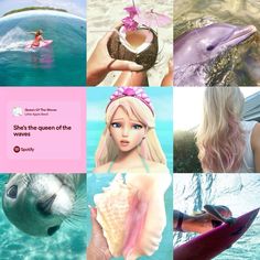 there is a collage with pictures of people and animals in the water, including dolphins