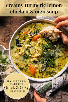 a bowl of creamy turment lemon chicken and orzo soup