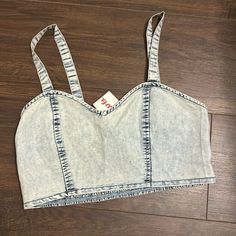 Adjustable Crop Top Nwt, No Size But Guessing M/L Medium Wash Crop Top For Spring, Spring Medium Wash Crop Top, Trendy Light Wash Crop Top For Spring, Fitted Light Wash Crop Top For Spring, Blue Graphic Cotton Crop Top, Crop Top, Color Blue, Crop Tops, Womens Tops