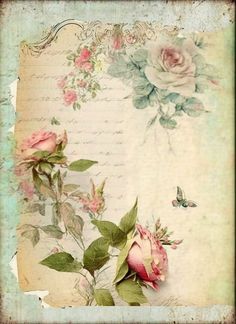 an old fashioned photo with roses and butterflies on the page, which has been altered to look