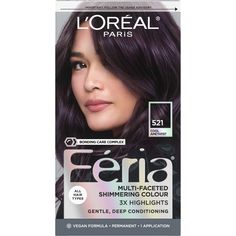 With L'Oreal Feria permanent hair color, what you see is the shimmer. Multi-Faceted shimmering color with 3X highlights delivers intensified, brilliant results. Inspired by fashion, Feria offers a twist on the traditional and gives edgy hair color - from bright red, platinum blonde, rose gold, metallic brown, to blue black hair color, these hair dye kits will transform your hair. Feria's prismatic color spectrum is custom-blended by L'Oreal master colorists for bold, head-turning shades – no app Amethyst Hair Color, Loreal Paris Feria, Feria Hair Color, Deep Black Hair, Amethyst Hair, Silver Hair Dye, Blue Black Hair Color, Vegan Hair Dye, Edgy Hair Color