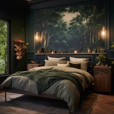 a bedroom with a large painting on the wall next to a bed and two nightstands