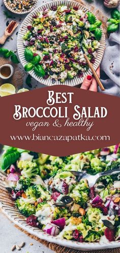 broccoli salad on a plate with the words best broccoli salad vegan and healthy