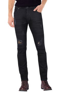 Moto stitching and tonal distressing adds an edgier look to skinny-fit jeans with a tapered leg for comfort in your day-off wardrobe. 13" leg opening; 9 3/4" front rise Zip fly with button closure 98% cotton, 2% elastane Machine wash, tumble dry Imported Model stats: 6'1" height, 32" waist. Edgy Look, X Ray, Jet Black, Nordstrom, Wardrobe, Mens Outfits, Pants, Black, Clothes