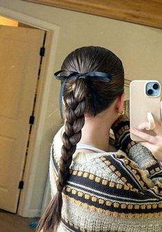 Ponytail Bows Ribbons, Cute Slick Back Braided Ponytail, Slick Back Ribbon Hairstyle, School Hairstyles With Ribbon, Bow Hair Ponytail, Hairstyles For School Slick Back, Braid And Bow Hairstyles, Bow On Ponytail, Cute Ponytails With Braids