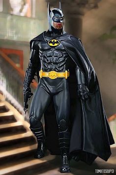 a man dressed as batman standing in front of some stairs