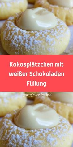 some kind of pastry with icing sitting on top of it's sides and the words kolosplatzchen mit weiier schokoladden fufung