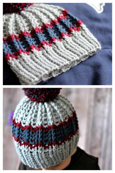 two pictures of a child wearing a knitted beanie and one has a striped hat on it