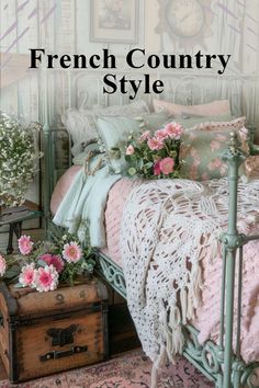 a bed sitting next to a dresser with flowers on it and the words french country style