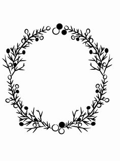 a black and white drawing of a wreath with berries on it's sides, in the shape of a circle