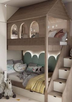 a child's bedroom with a bunk bed and stairs in the ceiling, next to a teddy bear