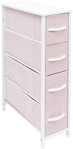 a white and pink dresser with four drawers on it's sides, against a white background