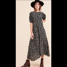 Side Zip Closure Flowy Short Sleeve Maxi Dress For Fall, Spring Black Maxi Dress For Daywear, Black Maxi Dress For Spring Daywear, Casual Black Maxi Dress For Relaxed Occasions, Casual Black Maxi Dress For Dress Down Occasions, Black Bohemian Midi Dress For Brunch, Free People Black Dress, Floral Embroidery Dress, Boho Midi Dress