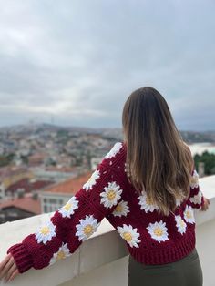 Add a pop of color to your wardrobe with this this colorful Handmade Crochet Cardigan 🌼 This wonderful jacket will be a great gift for yourself or your loved ones as Mothers Day gift, Valentine's Day gift, gift for girlfriend 🎁  🥼The cardigan consists of 36 pieces. Additionally, crocheted elastic was knitted for the front part and the waist section 🧶It is prepared with with high quality cotton acrylic blend yarns.(55% Cotton, 45% Acrylic). Some of our models also include mercerized thread Each product is one of a kind 😊 ✅When the product is out of stock, you can contact us to produce it for you ✅You can contact us for your different color, size and design requests.  📐 Suitable for S,M,L sizes. Please specify which size you would like when placing your order. S-M: Width: 52cm (20,5 in Red Crochet Long Sleeve Cardigan, Daisy Cardigan, Boho Pullover, Burgundy Cardigan, Cozy Boho, Crochet Daisy, Boho Sweater, Sweater Crochet Pattern, Lightweight Cardigan