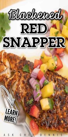 a plate with some food on it and the words red snapper next to it