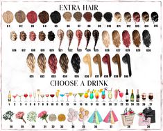 a poster with different types of hair and wine glasses on it's side, along with the words extra hair choose a drink