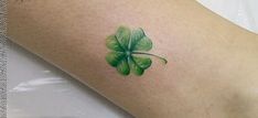 a green clover tattoo on the left arm and right leg, it looks like a four leaf clover