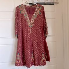 Sammy K Jamawaar Shirt With Slip Size Small But Runs Small So Slip Size Is Xs Comes With Chiffon Dupatta Which Is Trimmed On Two Sides Festive Dabka Embellished Tops, Bollywood Style Red V-neck Dress, Fitted Long Sleeve Tops With Dabka Work, Festive Long Sleeve Tunic For Party, Red Tops For Eid Festive Occasion, Red Festive Top For Eid, Red Top For Festive Occasion And Eid, Red Long Sleeve Tops For Eid, Fitted Red V-neck Kurta