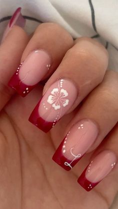 Shorties Acrylic Nails Almond, Red Cute Acrylic Nails, Cute Pink Hoco Nails, Flower Nail Designs Square, Nail Designs Hibiscus Flower, Short Cute Red Nails, Red French Tip With Flowers, Easy Basic Nails, How To Do Hibiscus Flower Nails