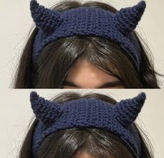 two pictures of a woman with cat ears on her head and the same one in blue