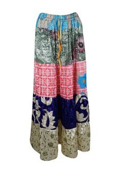 Add a burst of seasonal color to your wardrobe with this stunning flared maxi skirt! Crafted from upcycled saree fabric, it features a vibrant fusion of pink, bold floral designs, and a mix of multi-hued patterns, making each piece truly one-of-a-kind. The flowy ankle-length silhouette, combined with an adjustable drawstring waist, offers a perfect balance of comfort and boho-chic style. Ideal for everything from casual strolls at the farmer's market to twirling at beachside festivals, this eco- Green Flowy Patchwork Maxi Skirt, Green Flowy Maxi Skirt With Patchwork, Hippie Multicolor Maxi Skirt, Bohemian Maxi Skirt For Festive Occasions, Bohemian Maxi Length Pink Skirt, Bohemian Pink Maxi Skirt, Multicolor Patchwork Maxi Skirt For Festivals, Multicolor Bohemian Maxi Skirt For Festivals, Bohemian Multicolor Maxi Skirt For Festivals