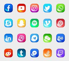 different colored social icons are shown in this image, including the logo for facebook and twitter