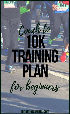 the words coach to 10k training plan for beginners are in front of runners