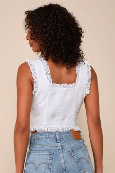 Cotton Lace Trim Crop Top For Day Out, Cotton Crop Top With Lace Trim For Day Out, Feminine White Sleeveless Crop Top, White Sleeveless Feminine Crop Top, Sleeveless Cotton Crop Top With Lace Trim, Sleeveless Lace Trim Crop Top For Spring, Cotton Lace Trim Crop Top Tank, White Sleeveless Blouse Crop Top For Spring, Feminine Cotton Crop Top Tank